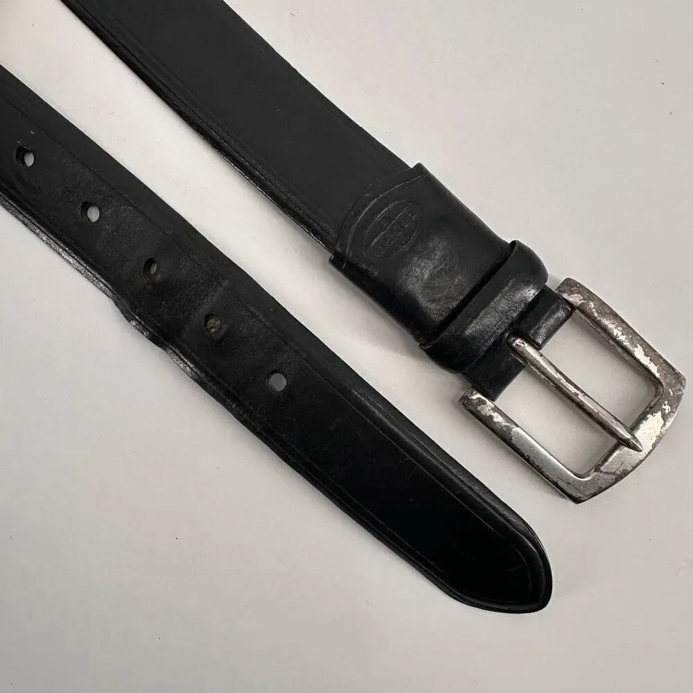 Fossil Mens Italian Full Grain Cowhide Silver Buckle Waist Belt Black Size 90/36